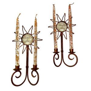 Pair Celestial Sun Metal & Glass Double Taper Candle Holder Wall Hangings Sconce
